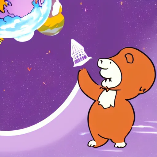 Prompt: cartoon illustration of a bear mascot being launched from a futuristic marble planet, purple and orange cloudland