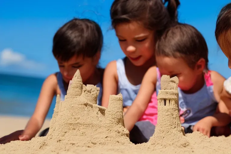 Image similar to two kittens and two children touching a sand castle