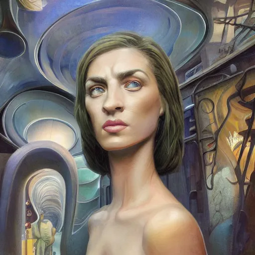 Image similar to detailed face of a woman with opalescent eyes in a biomorphic courtyard with dna sculptures at a science expo, atmospheric, ambient, pj crook, syd mead, livia prima, artgerm, greg rutkowski, nick alm, casey baugh