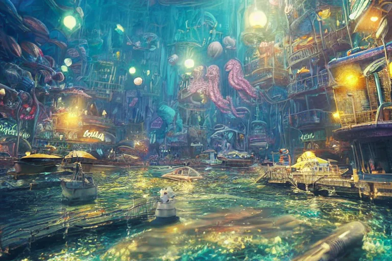 Prompt: the most amazing dream you ever had about undersea bikini bottom city, hyper realistic, ambient lighting, concept art, intricate, hyper detailed, smooth, dynamic volumetric lighting, octane, cinematic