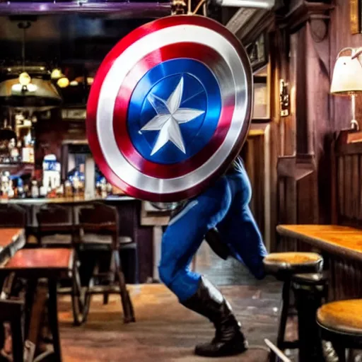 Image similar to captain america fighting the customers in a british pub