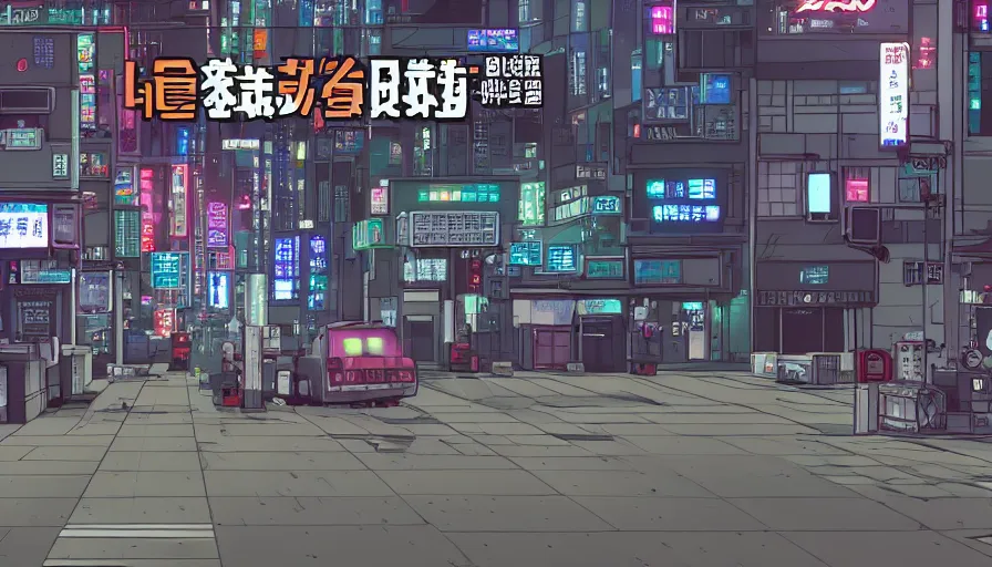 Prompt: Wide Angle ingame Screen Shot of neo-Tokyo Bank, in the Style of Akira, Anime, Dystopian, Cyberpunk