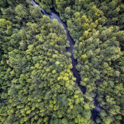 Prompt: aerial photo river, deep forests