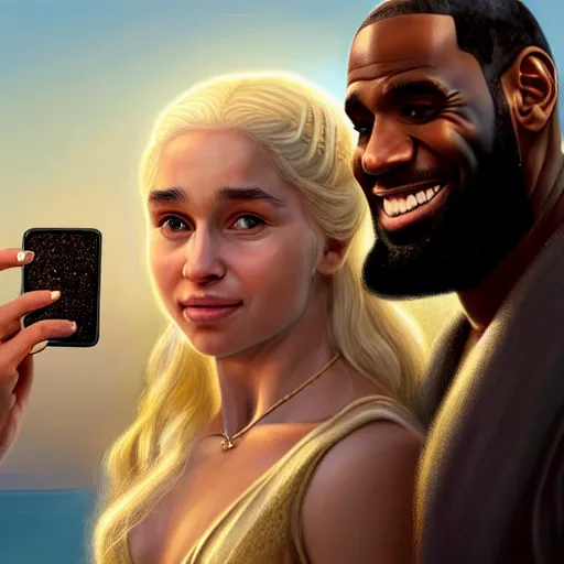 Image similar to beautiful serene intricate portrait of daenerys targaryen and lebron james taking a selfie, smiling softly, relaxing on the beach, golden hour, soft focus, 8 k, art by irakli nadar, hyperrealism, hyperdetailed, ultra realistic