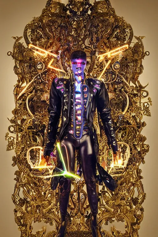 Image similar to full-body bladerunner neon baroque style sculpture of a young handsome Spanish prince as a half cibernetic android with a chest opening exposing circuitry and electric sparks, glowing laser beam eyes, crown of giant diamonds, flowing neon-colored silk, fabric, raptors. baroque elements. full-length view. baroque element. intricate artwork by caravaggio. many many birds birds on background. Trending on artstation, octane render, cinematic lighting from the right, hyper realism, octane render, 8k, depth of field, 3D