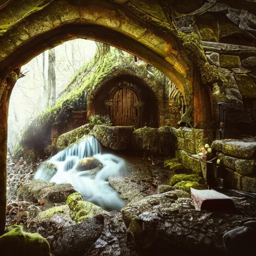 Image similar to inside a medieval hobbit home, ornate, beautiful, atmosphere, vibe, mist, smoke, chimney, rain, wet, pristine, puddles, waterfall, melting, snow, creek, lush, ice, bridge, forest, flowers, akihiko yoshida