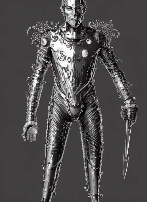 Image similar to powerful male tin man, willem dafoe as tinman, full body character concept, covered in full metal plating, art nouveau, super powers, fantasy, intricate, elegant, highly detailed, digital painting, artstation, concept art, shining, sharp focus, illustration, art by stanley lau