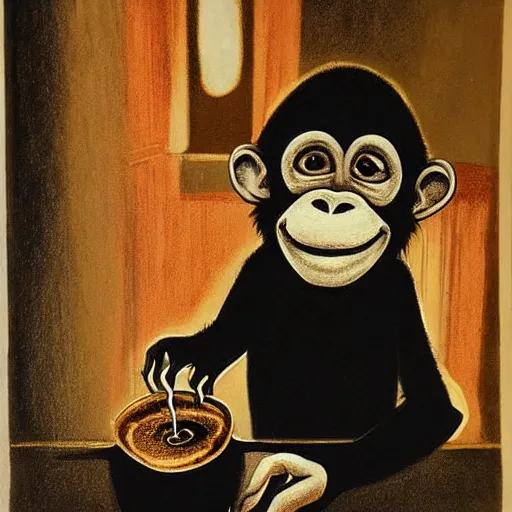 Image similar to Gothic painting of a chimpanzee serving coffee as a barista, in a night-time old-fashioned New York Cafe, candlelight, full shot,