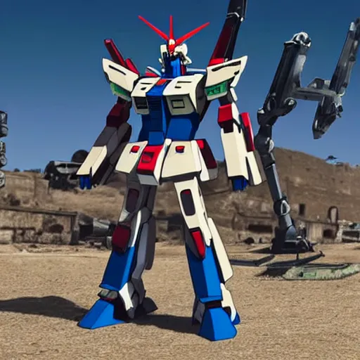 Prompt: A gundam war machine standing in the street of an old dusty Mexican town, photorealistic, weapon, saloon, poverty