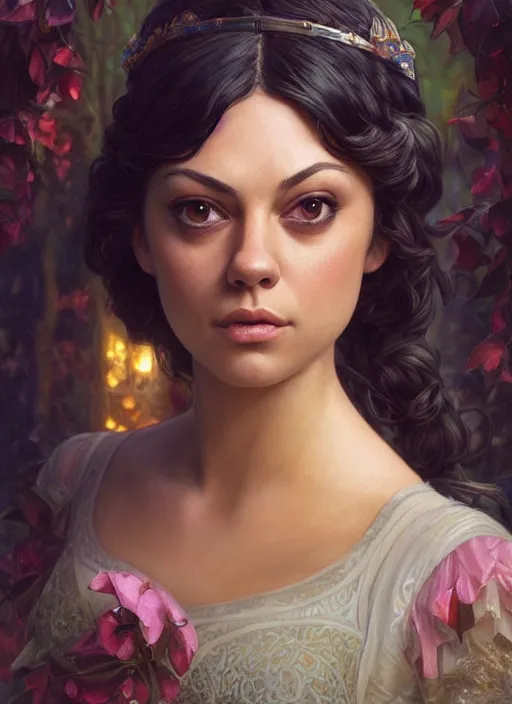 Image similar to beautiful young mila kunis as snow white princess disney, closeup, d & d, fantasy, intricate, elegant, highly detailed, digital painting, artstation, concept art, matte, sharp focus, illustration, art by artgerm and greg rutkowski and alphonse mucha