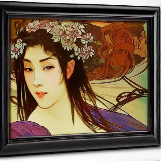 Image similar to beautiful women with oriental faces, character portrait, sharp, art by alphonse maria mucha