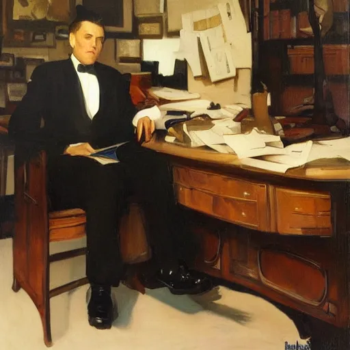 Image similar to man in desk with coffee and black suit by leyendecker and dean cornwell, 5 feet distance from the camera, house of mirrors