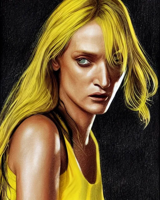 Image similar to drawing of a beautiful uma thurman in the movie kill bill, wearing a yellow jumpsuit with a black stripe, swinging katana, art deco, beautiful confident and piercing eyes, beautiful blonde hair, hyper realistic face, in the style of greg rutkowski, fantasy, amazing detail, epic, elegant, smooth, sharp focus, from the front