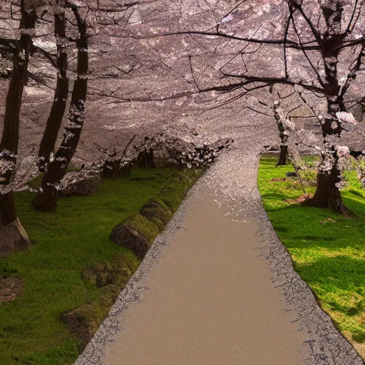 Prompt: stone path through a cherry blossom filled valley leading to a monastery, matte painting, adult swim