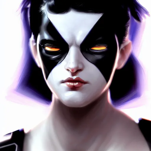 Image similar to Domino X-force, pale purely white skin asymmetrical black spot over LEFT eye, highly detailed, digital painting, artstation, concept art, smooth, sharp focus, illustration, no spot over right eye