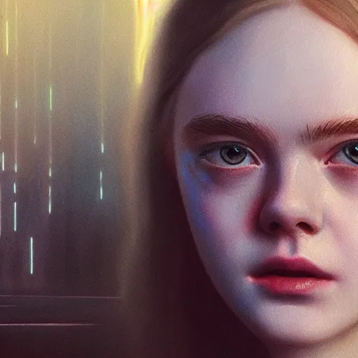 Prompt: Elle Fanning, extremely detailed masterpiece, hyper-realism, oil on canvas, low-key neon lighting, artstation, Blade Runner 2049, Roger Deakin’s cinematography, by Dennis Wojtkiewicz,