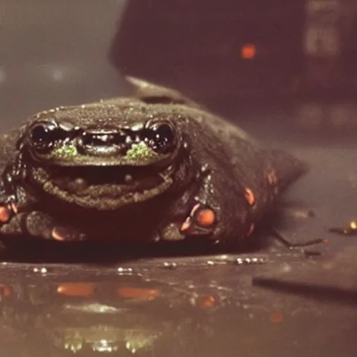 Prompt: Close up of Lepidobatrachus laevis and facing the camera in a still from the movie Blade Runner (1982), high quality, rain, rain drops, cold lighting, 4k, night, award winning wildlife photo