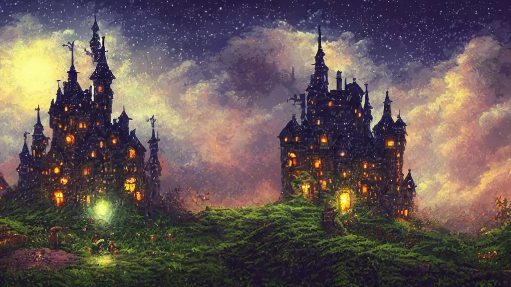 Image similar to ドット絵 and Pixel Art, Dark old fantasy castle on the hill, night cloudy sky, rain, lighting, thunder painting, Alchemy, Fantasy, 8 bit game, Pixel art background