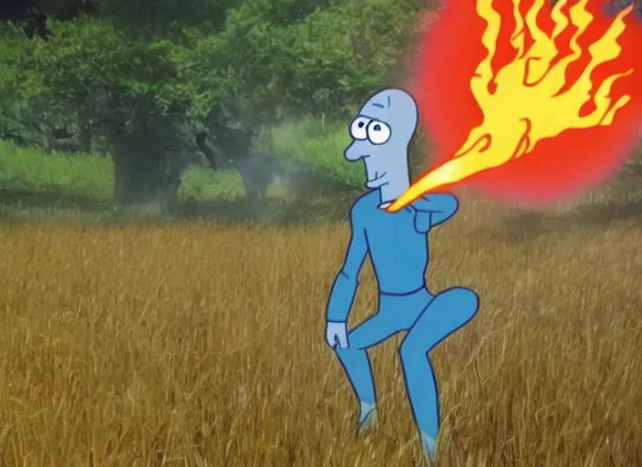 Prompt: squidward practicing firebending in an open field at susnset, screenshot from animated tv show'avatar : the last airbender'