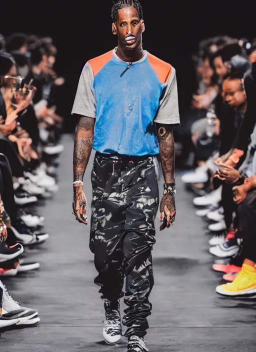 Image similar to hyperrealistic and heavy detailed nike runway show of travis scott, leica sl 2 5 0 mm, vivid color, high quality, high textured, real life