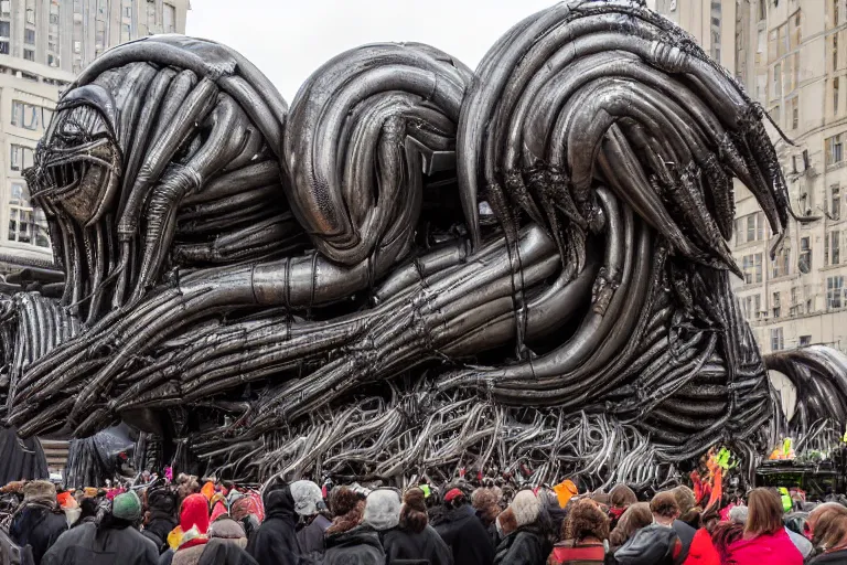 Prompt: photo of giant parade float designed by hr giger in the macys thanksgiving parade, detailed 4 k photo