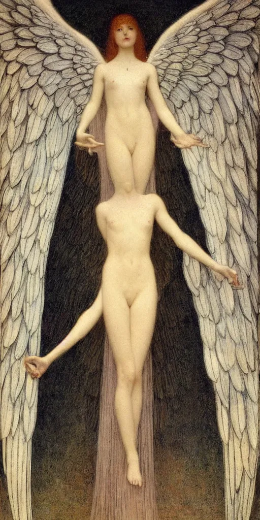 Image similar to Say who is this with silver hair so Wan and thin? Adorable feminine angel in the style of Jean Delville, Lucien Lévy-Dhurmer, Fernand Keller, Fernand Khnopff, oil on canvas, 1921, 4K resolution, aesthetic, mystery