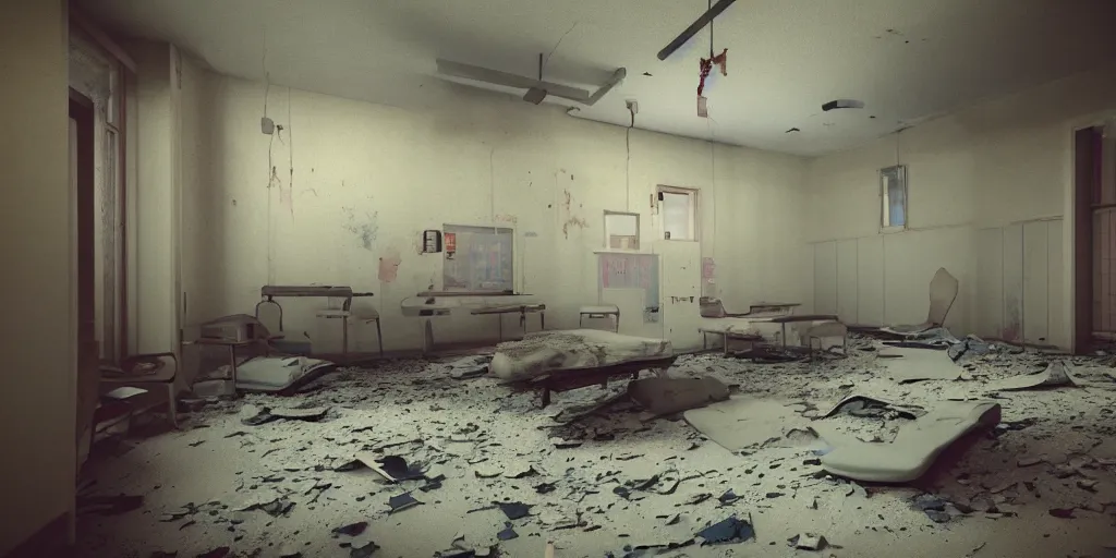 Prompt: analog polaroid of abandoned hospital hall, empty beds, vintage colors, unreal engine