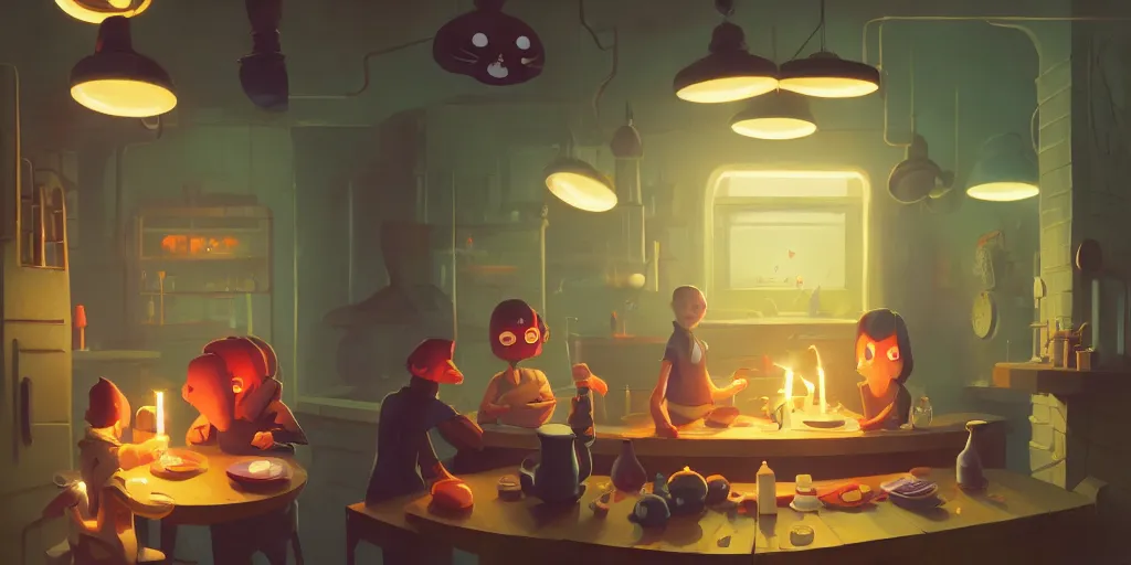 Prompt: cute kitchen dim lit by a candle ripped physique simon stalenhag gerald brom bastien grivet by greg rutkowski and peter chan portrait game background fisheye lens day of the tentacle