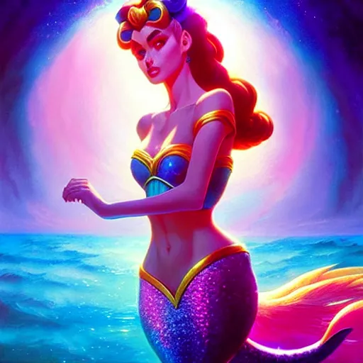 Prompt: sailormoon mermaid, bold colors, intricate, volumetric lighting, good composition, fine swirling lines, bold colors, global illumination, art by tyler edlin and rhads and gustave dore, artstation