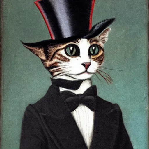 Prompt: a cat wearing a tuxedo a top hat and a monocle, renaissance painting, portrait, highly detailed