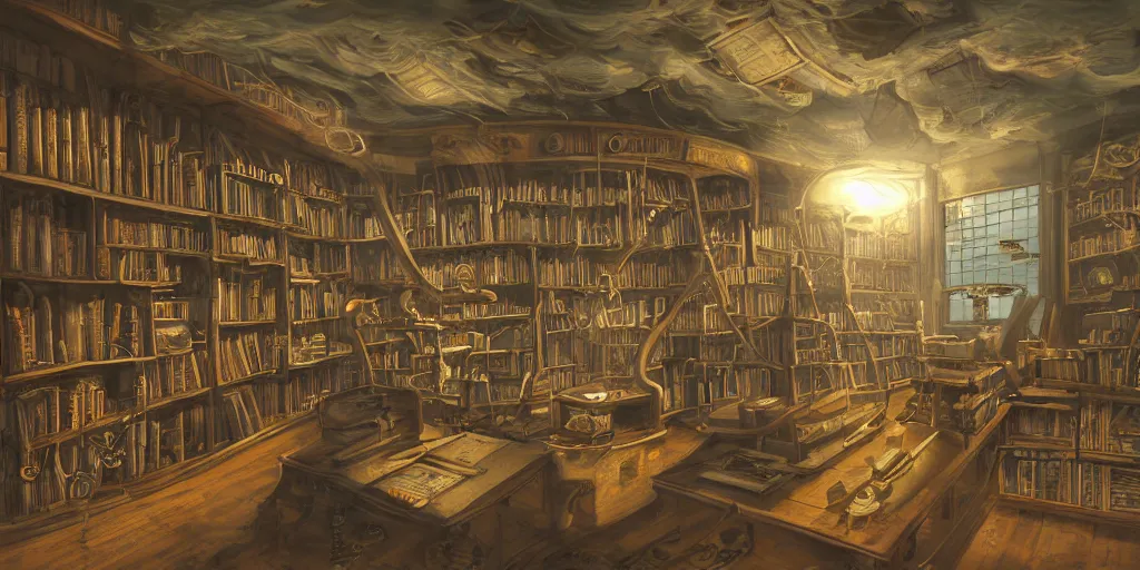 Image similar to steampunk oceanographer study, maps crowding the walls, bookshelves, paintings of ocean topography, sonar equipment, marine biologist lab, bookshelves, incandescent lighting, unreal engine, bibliopunk