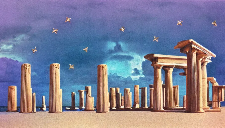 Image similar to A 1985 vintage magazine architecture photo of a beach doric temple, mediterranean architecture, refracted lines and sparkles, thunderstorm outside, beach on the background major arcana sky and occult symbols, hyperrealistic, award-winning, 1985