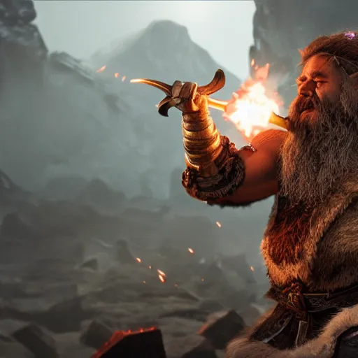 Image similar to a fantasy cinematic shot of a dwarf berserker, fighting monsters, octane render, hyperreal, 8 k