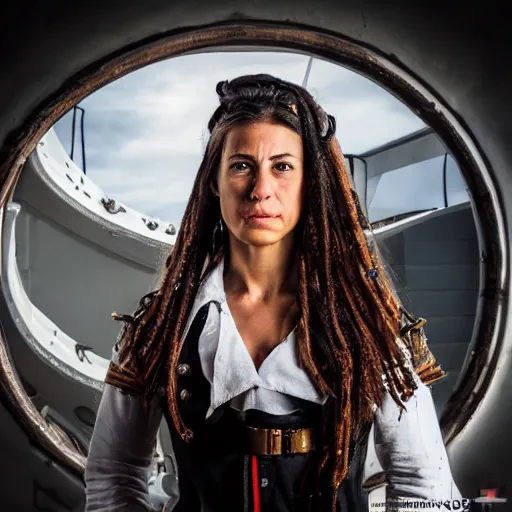 Image similar to interview with a female captain of the spanish pirates frigate, photo portrait, symmetry, awesome exposition, very detailed, highly accurate, professional lighting diffracted lightrays, 8 k, sense of awe