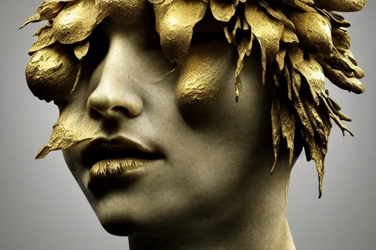 Prompt: a sculpture of a person with flowing golden tears, fractal plants and fractal flowers on the skin, a marble sculpture by nicola samori, behance, neo - expressionism, marble sculpture, apocalypse art, made of mist, octan render