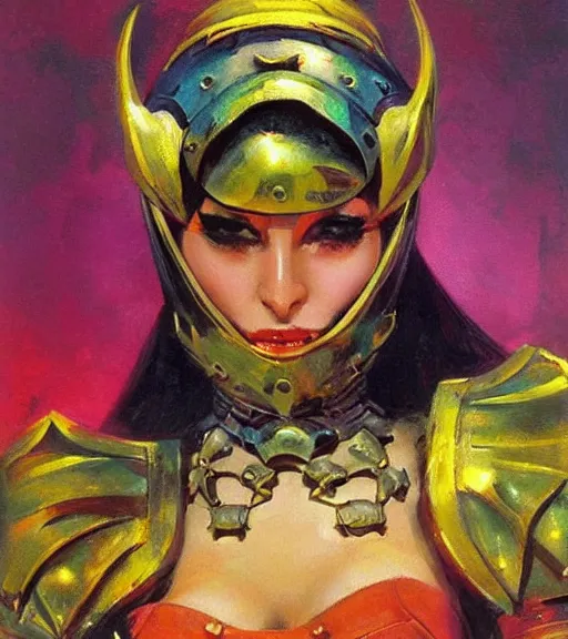 Image similar to portrait of strong iranian female chaos angel, beautiful! coherent! by frank frazetta, by brom, strong line, vivid neon color, spiked scrap metal armor, iron helm maximalist