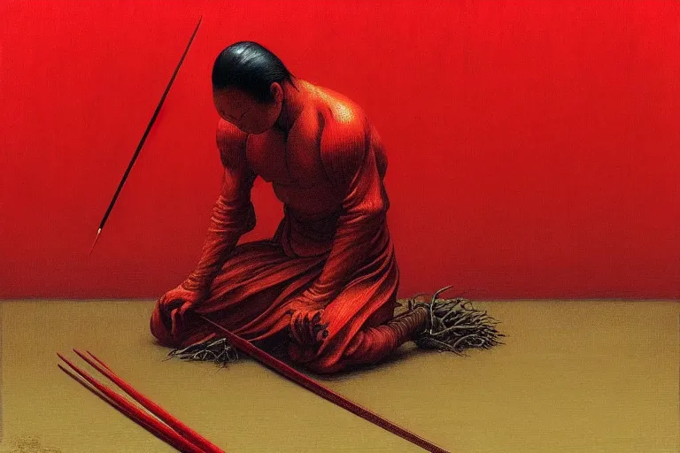 Image similar to only with red, a red samurai do seppuku, tokio, a lot of frogs watch, in the style of beksinski, parts by edward hopper, parts by rodcenko, parts by yue minjun, intricate and epic composition, red by caravaggio, insanely quality, highly detailed, masterpiece, red light, artstation, 4 k