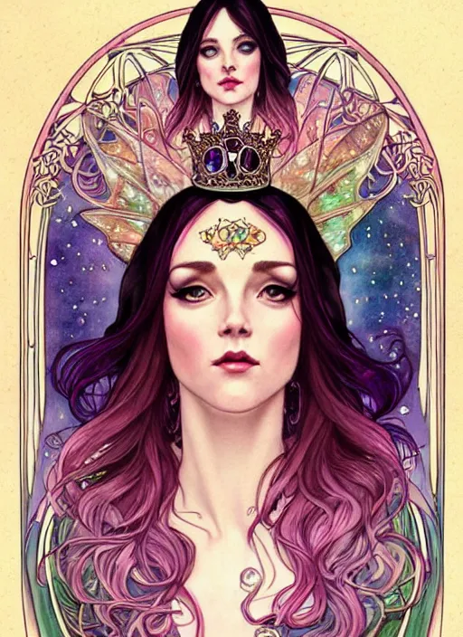 Image similar to fantastic portrait of a beautiftul witch with some shinny star, crown, royally decorated crystal gemstones, symmetrical face, art nouveau, portrait, cute, fairy, by artgerm, kelly mckernan, charlie bowater, alphonse mucha, detailed background, artstation, intricate, elegant, highly detailed, colorful, maximalist