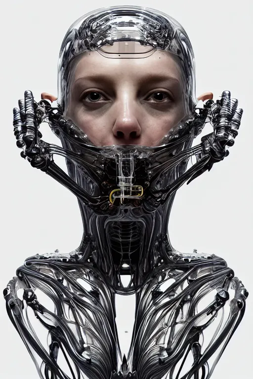 Prompt: iris van herpen baroque, perfect symmetrical body, helmet on face, full body shot, inflateble shapes, wires, tubes, veins, jellyfish, white biomechanical details, wearing epic bionic cyborg implants, masterpiece, intricate, biopunk, vogue, highly detailed, artstation, concept art, cyberpunk, octane render