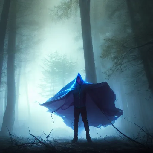 Image similar to cinematic shot, dark hooded mage ( spectre ) using his magic ultimate in the dead forest with leaves falling, symmetrical, 8 k, atmospheric, realistic, made by ivan aivazovsky, peter mohrbacher, greg rutkowski, volumetric light, broad light, fantasy art, sci - fi art, details visible, unreal engine, octane render