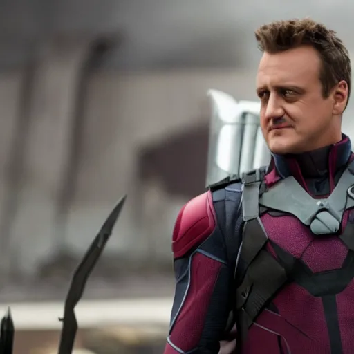 Image similar to film still of Jason Segel playing Hawkeye in The Avengers, 4k