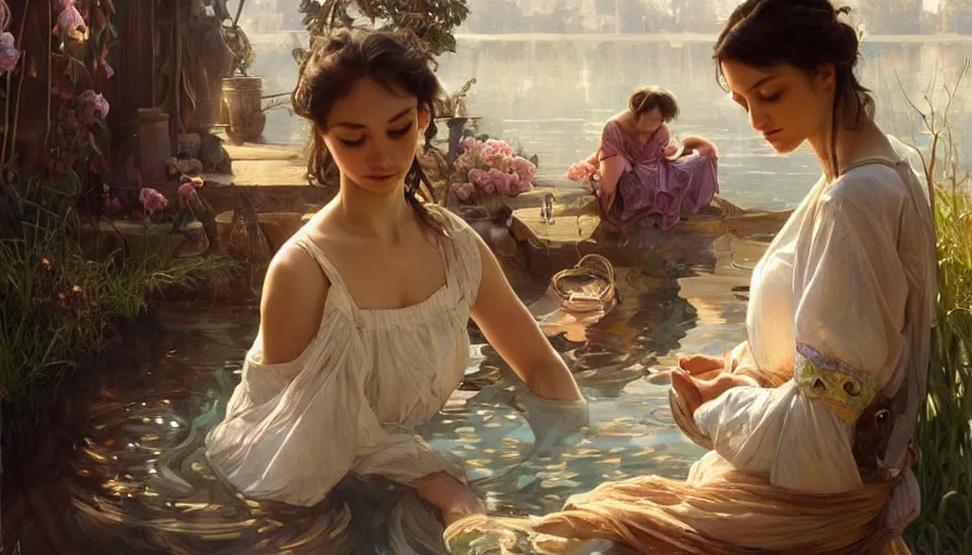 Image similar to perfectly-centered-Portrait of the most beautiful people on the planet, river, washing clothes, intricate, highly detailed, digital painting, artstation, concept art, smooth, sharp focus, illustration, Unreal Engine 5, 8K, art by artgerm and greg rutkowski and alphonse mucha