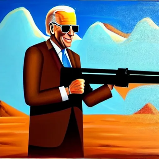 Prompt: Joe Biden holding a rocket launcher in the desert, oil painting, wearing sunglasses, epic