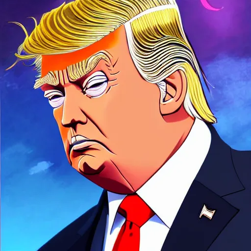 Prompt: beautiful digital painting portrait of donald trump in the style of studio trigger anime, 4 k, 8 k, hd, high resolution, highly detailed, intricate detail, ultra realistic faces, digital art, trending on artstation, kill la kill, gurren lagann