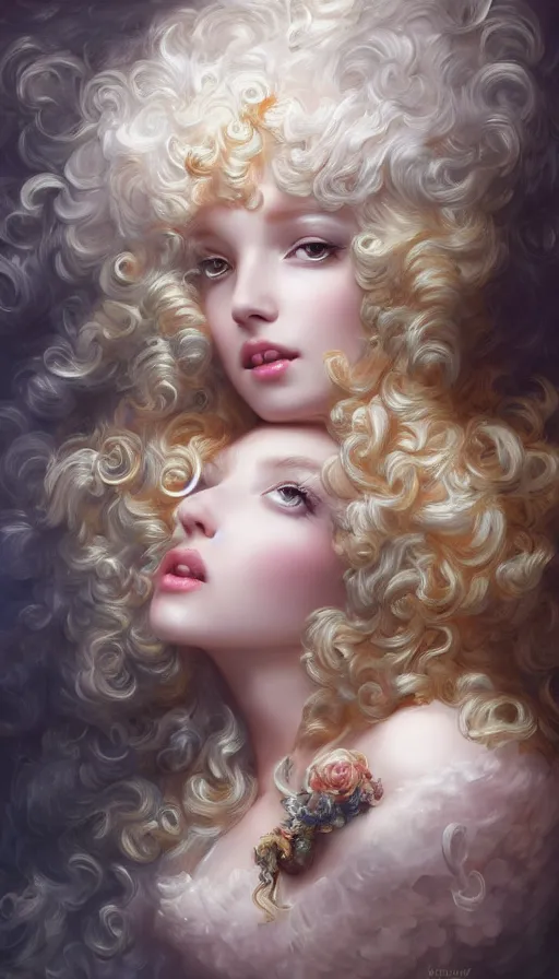 Prompt: pop surrealism, rococo, baroque hair, angelic young female seductive - fine - face, pretty face, key visual, realistic shaded perfect face, fine details by stanley artgerm lau, wlop, nekro, james jean, andrei riabovitchev, marc simonetti, and sakimichan, trending on artstation