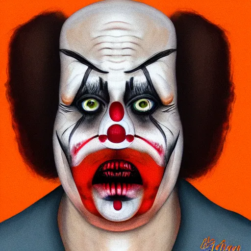 Prompt: profile portrait of a male clown horror, horror movie characters, horror movie icons, orange dawn, hyperrealistic
