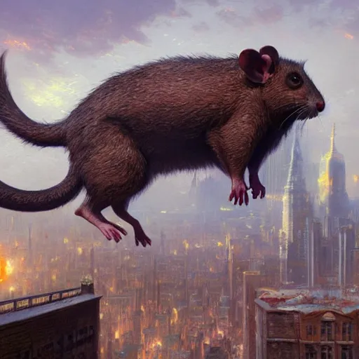 Prompt: Colossal Rat in a city, trending on artstation, ultra detailed, 8k, character illustration by Greg Rutkowski, Thomas Kinkade.