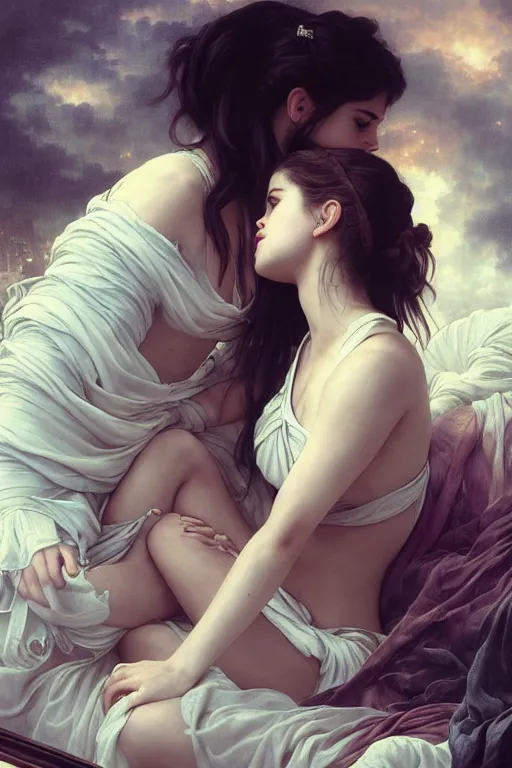 Prompt: Full View of Selena Gomez kissing Emma Watson, tattoos, Short tattered skirt made of silk, posing on the edge of a bed overlooking the city night lights. masterpiece 8k digital illustration by Ayami Kojima and Ruan Jia and Mandy Jurgens and Artgerm and william-adolphe bouguereau, award winning, Artstation, art nouveau aesthetic, Alphonse Mucha background, intricate details, realistic, panoramic view, Hyperdetailed, high quality, 8k resolution, intricate art nouveau, in american style pin up.anatomically correct