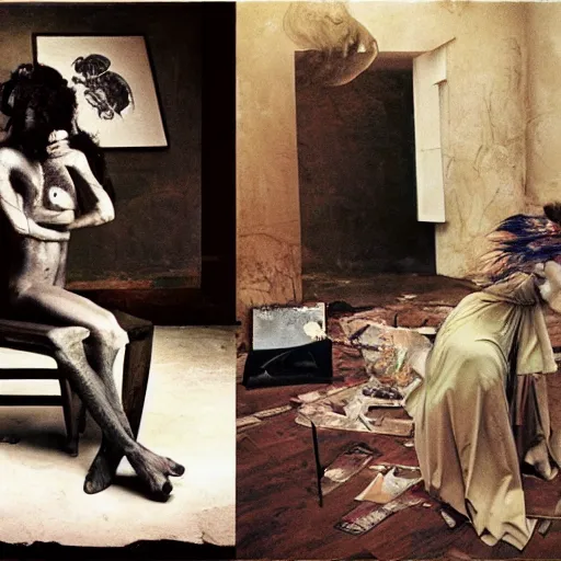 Prompt: 3 5 mm color photography, joel - peter witkin, beksinski, and stephen gammell, vogue shoot