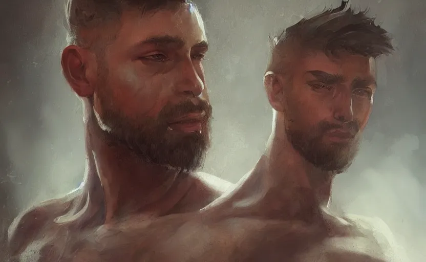 Image similar to a painting of arkul trending on artstation in the style of greg rutkowski, beautiful, male, sensual, natural skin, muscular, stubble, warrior, tattoos